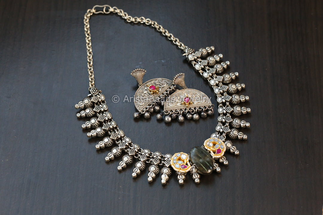Silver Look Jadau Fusion Necklace Set - Stye 2