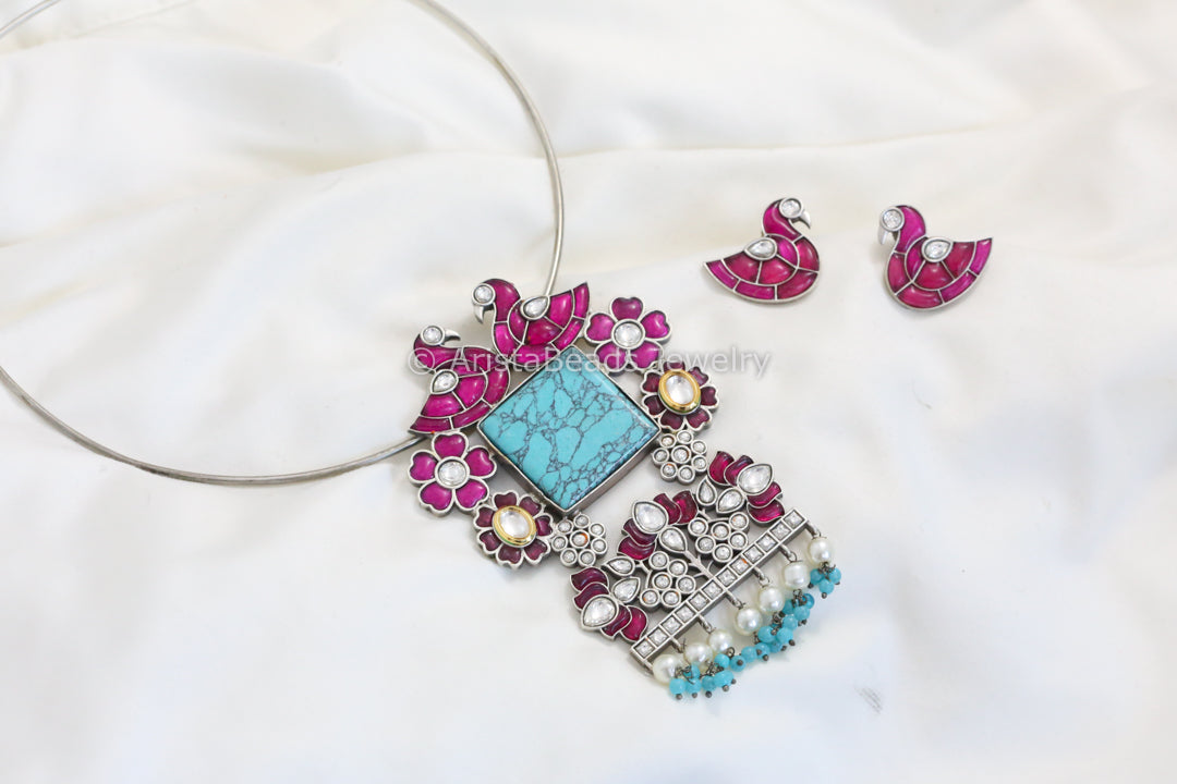 Turquoise Monalisa Stone Jadau Pendant Hasli Set