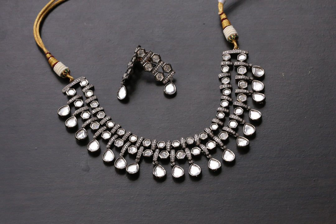 Victorian Black Polish Kundan Polki Necklace Set