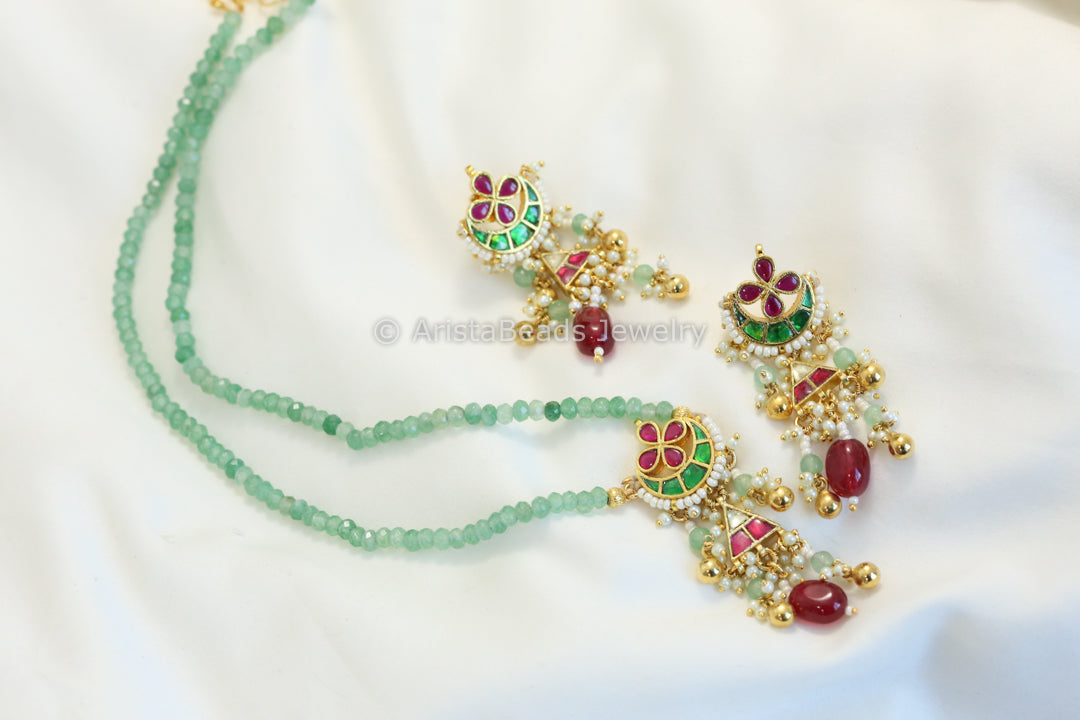 Dainty Pachi Kundan Green Onyx Necklace Set