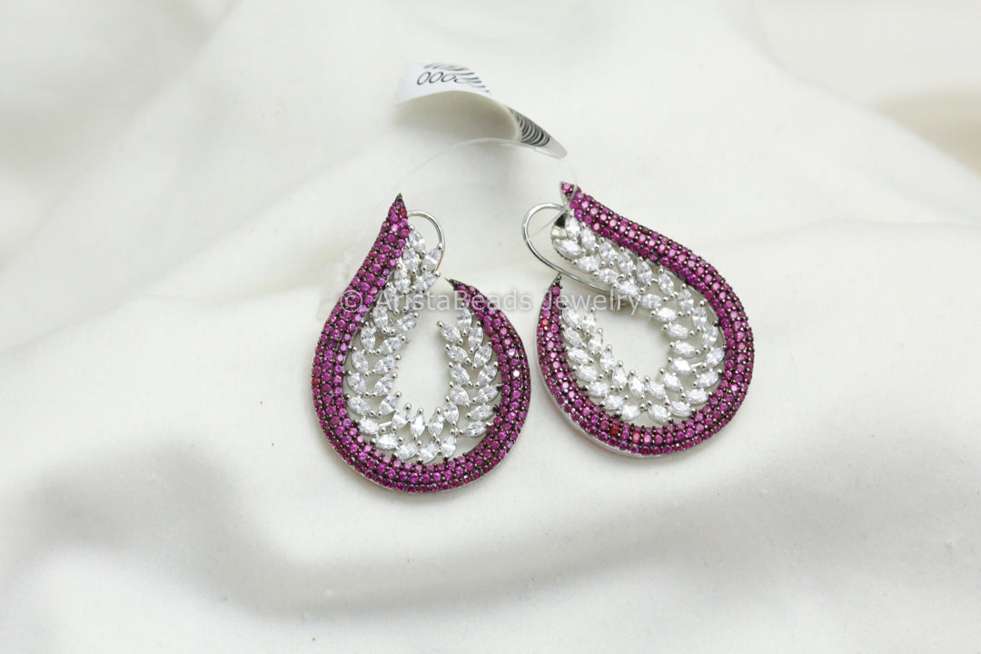Half Moon CZ Pave Setting Earrings - Ruby Pink