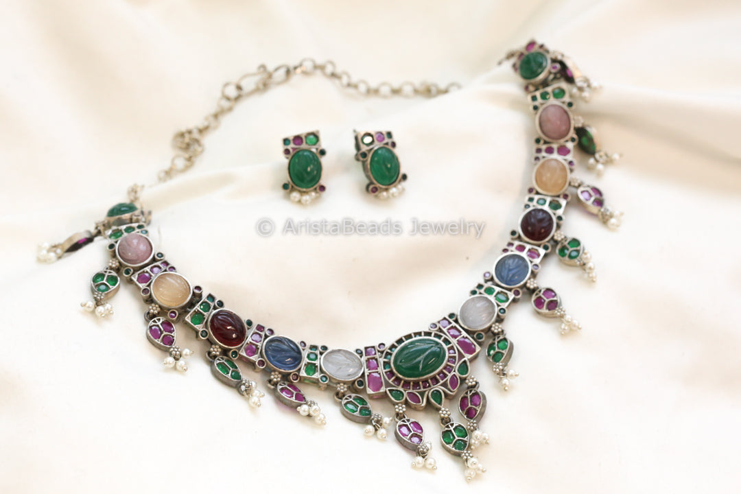 Carved Stone Oxidized Necklace Set - Multi