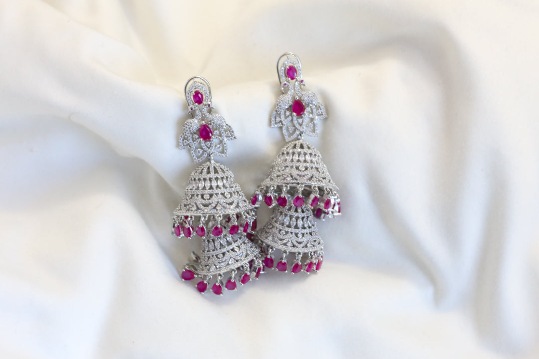 Silver Finish 2-Tier Jhumka - Ruby