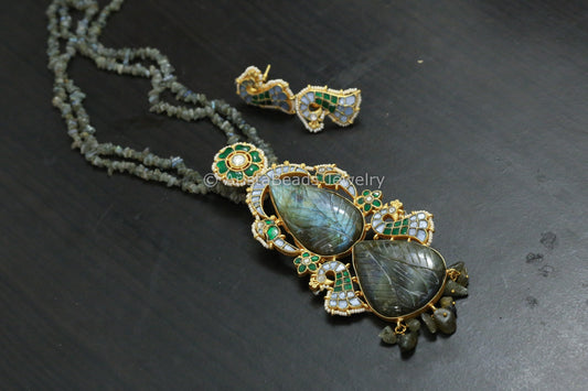 Labradorite  & Kundan Fusion Pendant Set (Removable)