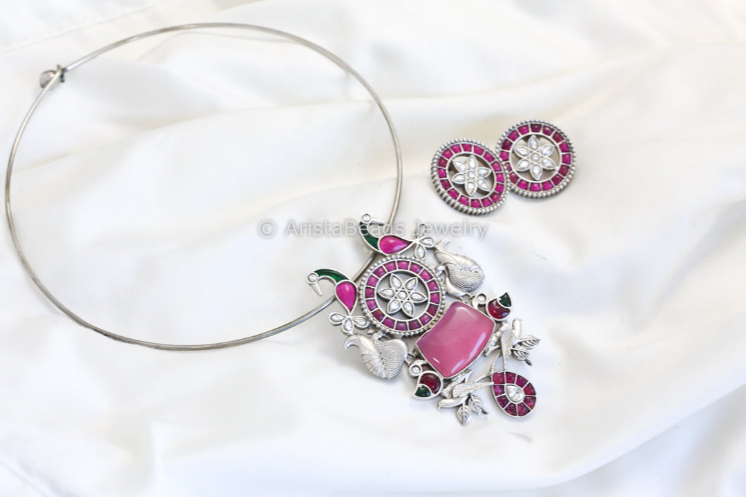Silver Finish Jadau Look Hasli Set - Pink