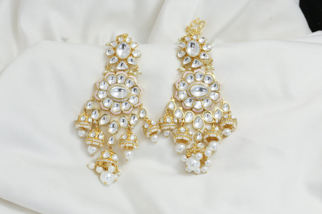 Kundan Polki Ear Chain Jhumka -  Pink