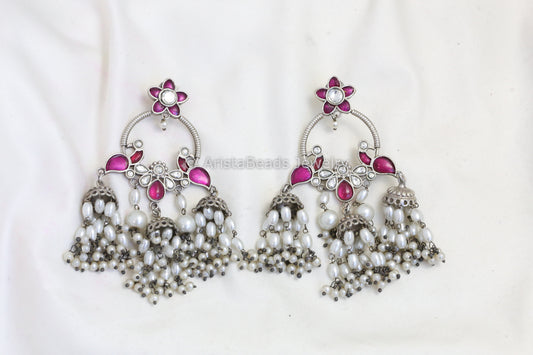Long Silver Look Kundan Chandbaali Jhumka - Ruby