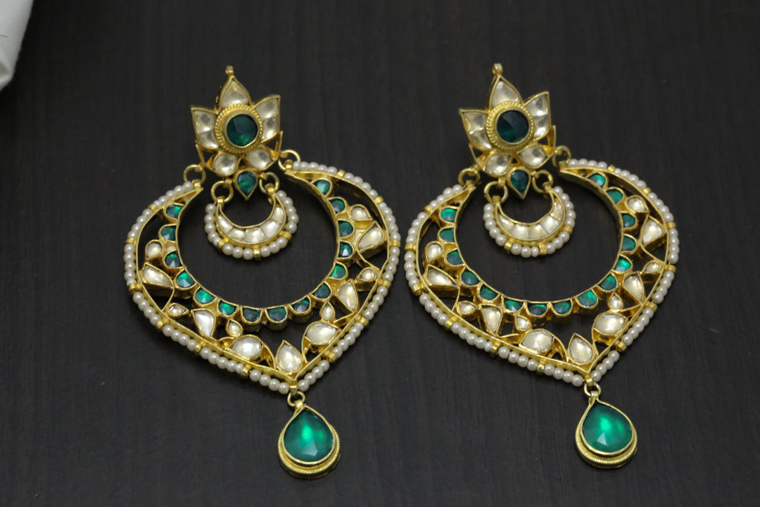 Large Pachi Kundan Chandbaali - Green