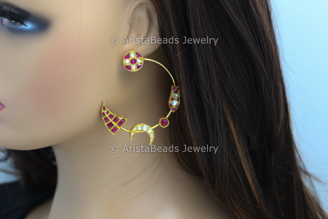 Contemporary Jadau Kundan Crescent Chandbaali - Ruby