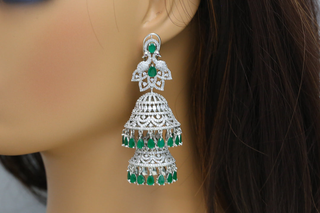 Silver Finish 2-Tier Jhumka -Emerald