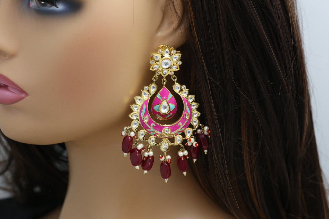 Enamel Foil Kundan Earrings - Pink
