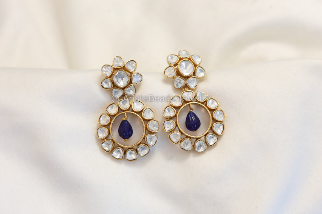 Kundan Polki Earrings - Blue Drops