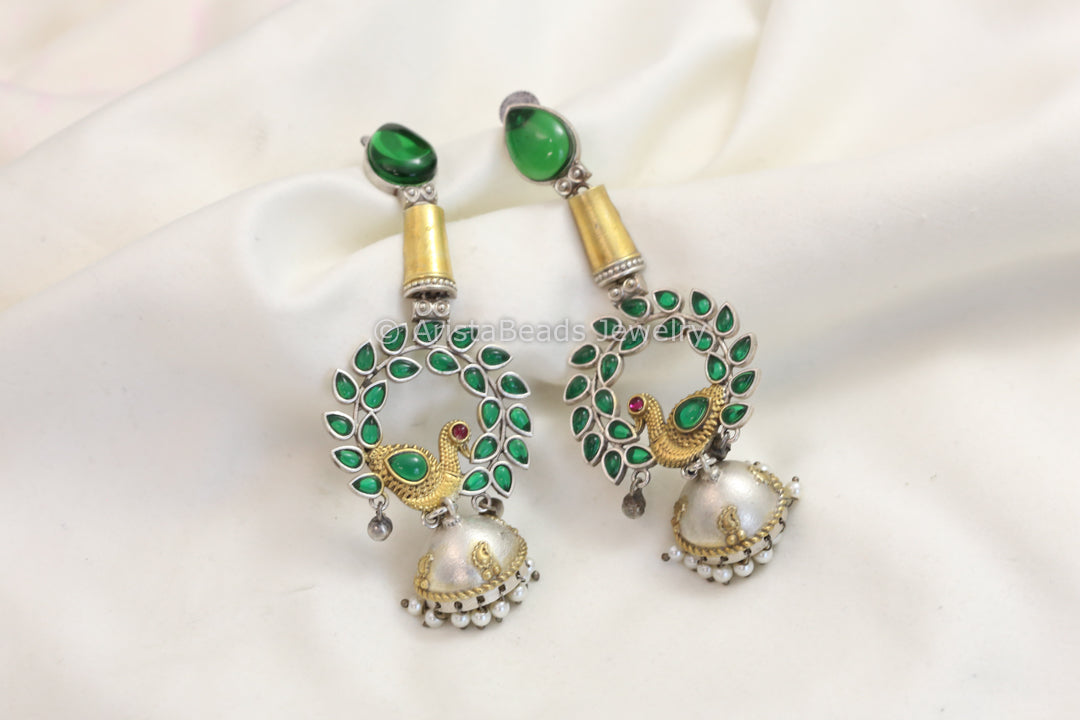 Long Dual Tone Kemp Stone Jhumka - Green