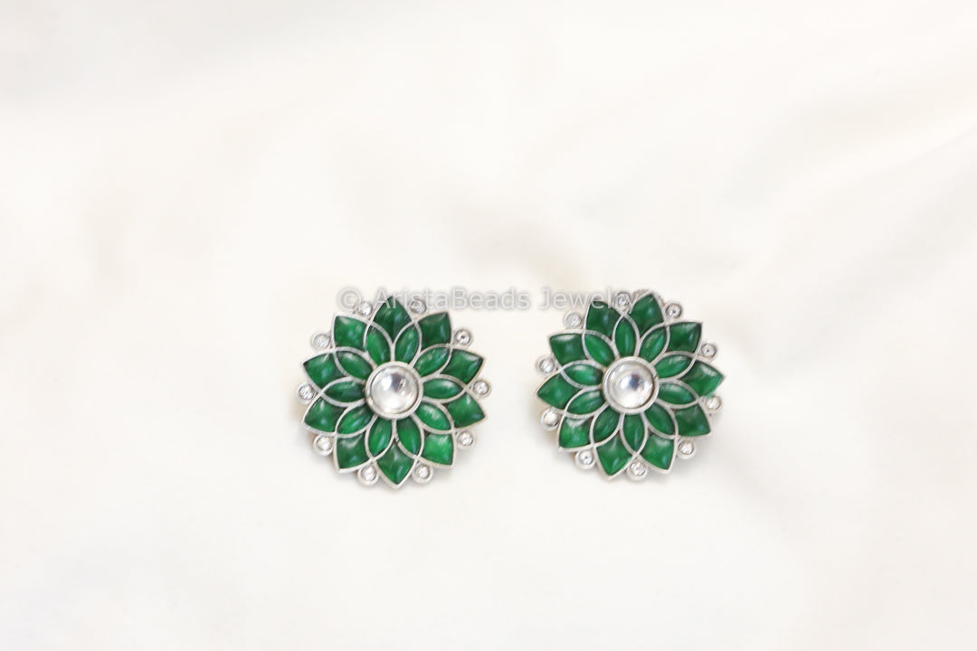 Jadau Kundan Silver Finish Studs - Green