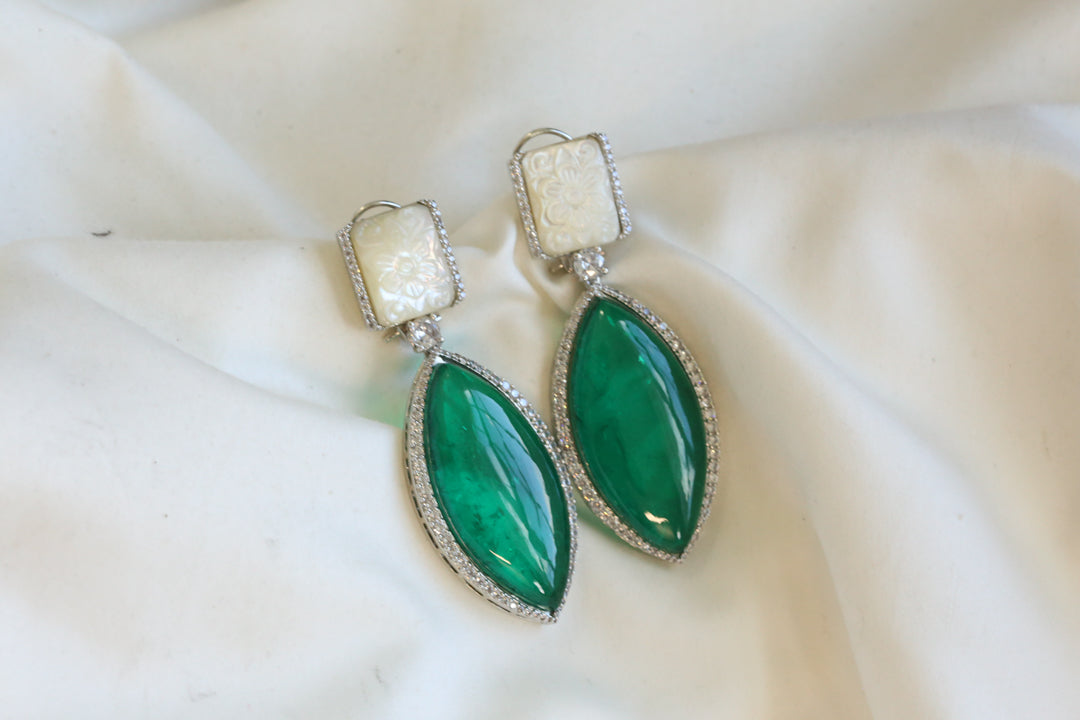 Green Doublet & Carved MOP CZ Earrings