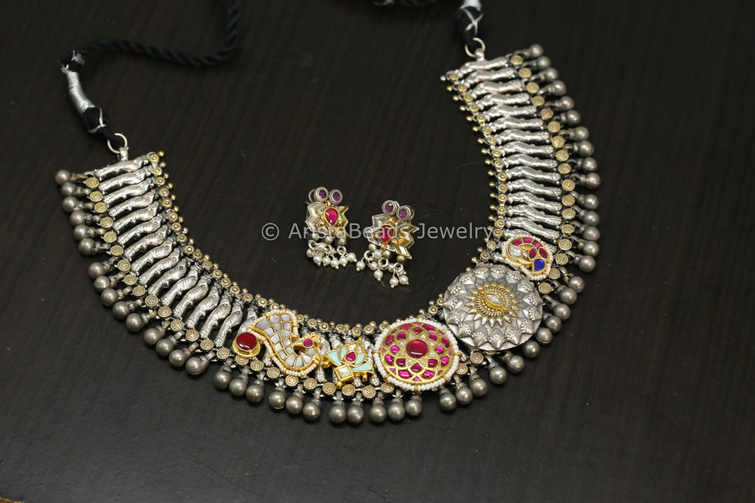 Silver Look Jadau Fusion Necklace Set - Stye 4