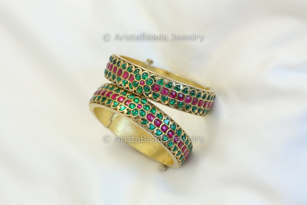 Antique Jadau Kundan Bangle Set (2.4 openable)- Green Red