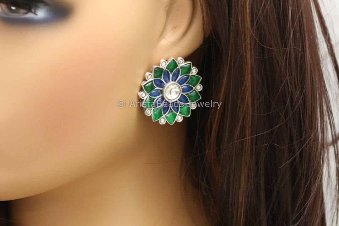 Jadau Kundan Silver Finish Studs - Green Blue