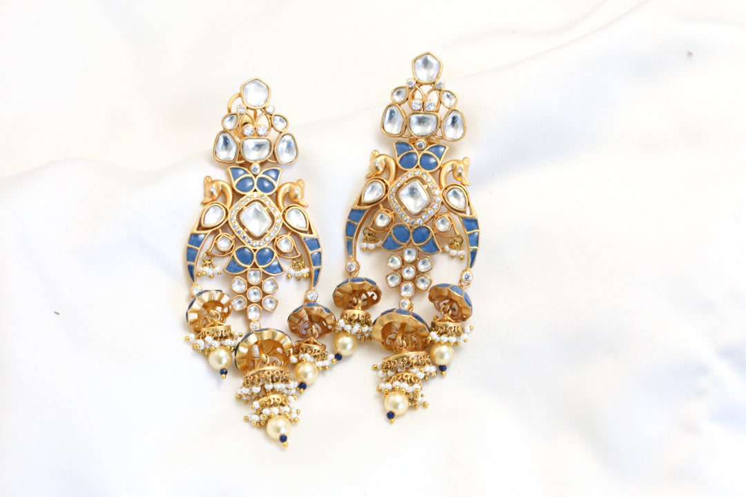 Premium 3 Tier Blue Jadau & Uncut Kundan Jhumka