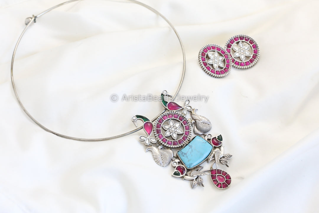 Silver Finish Jadau Look Hasli Set - Turquoise