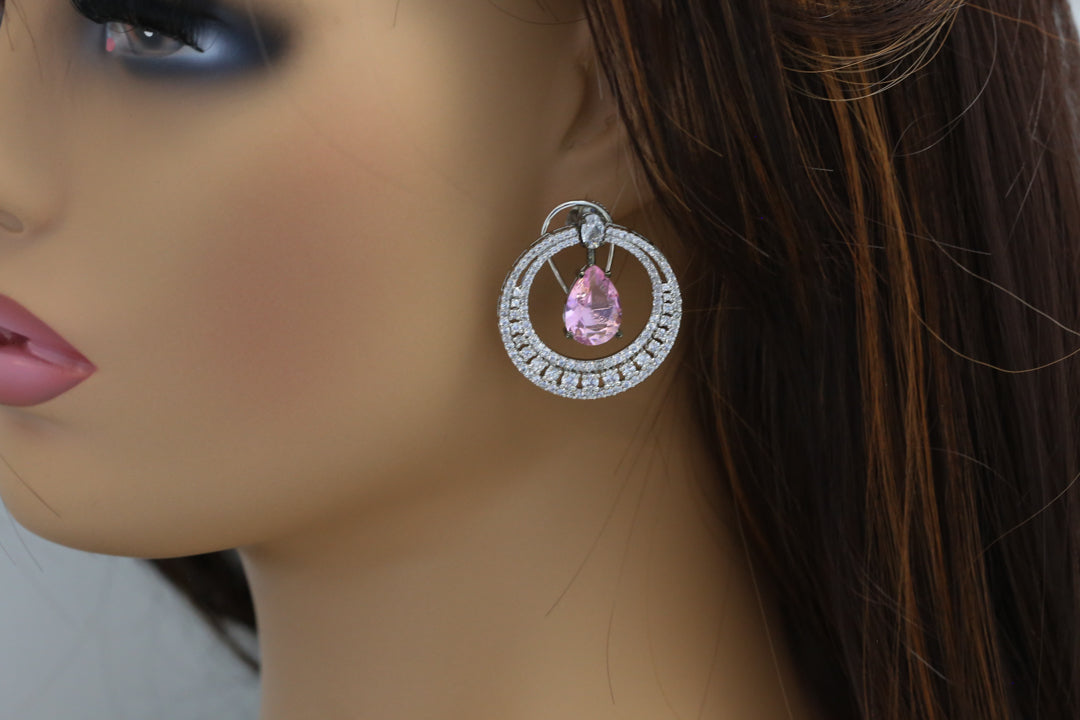 Premium CZ Chandbaali Earrings - Pink