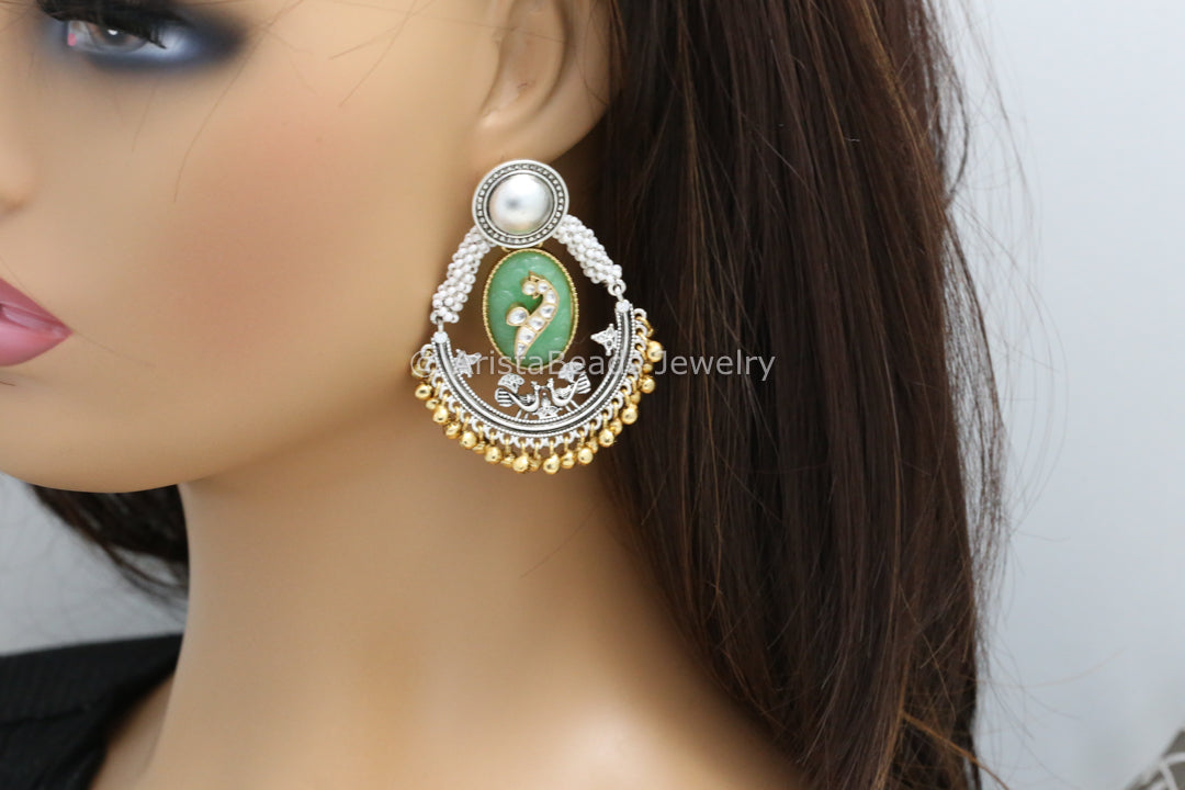 Dual Tone Carved Stone Earrings - Mint