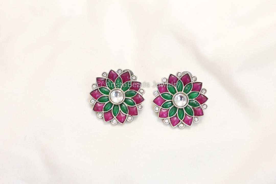 Jadau Kundan Silver Finish Studs - Green Ruby