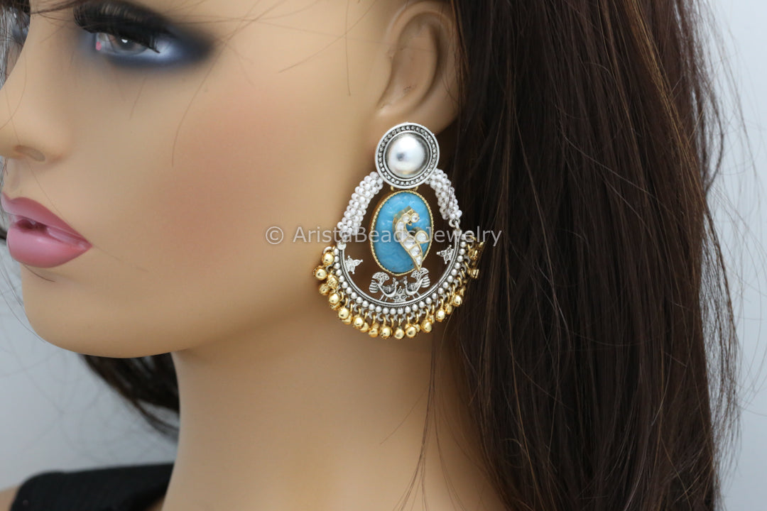 Dual Tone Carved Stone Earrings - Blue