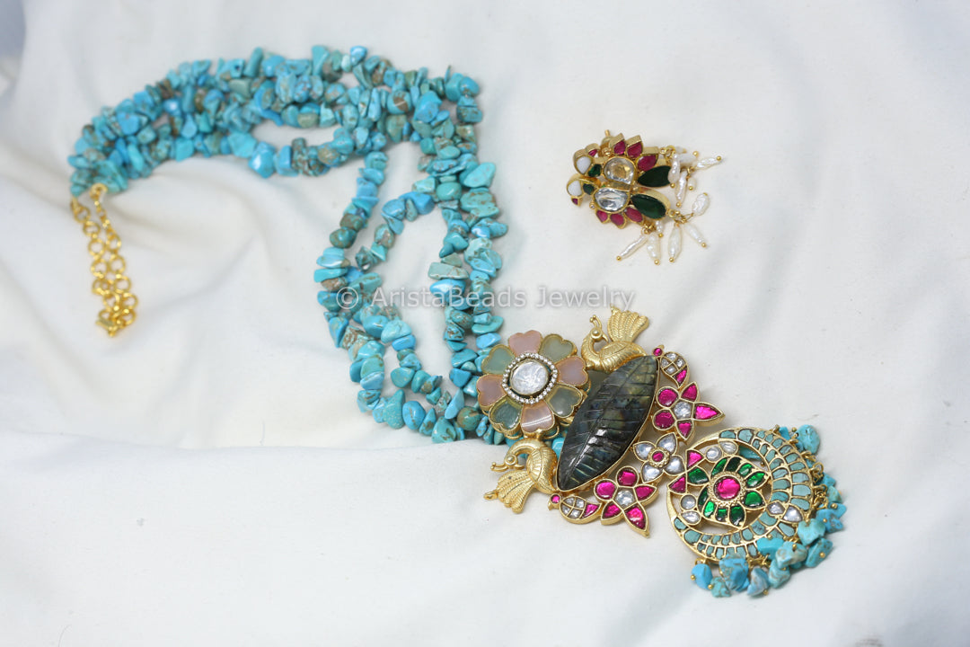 Jadau Fusion Pendant Necklace - Labradorite & Turquoise