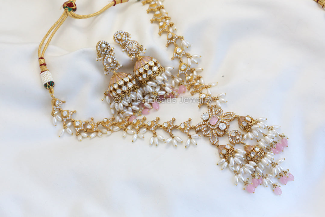 Real Moissanite & Jadau Jhumka Necklace Set - Pink