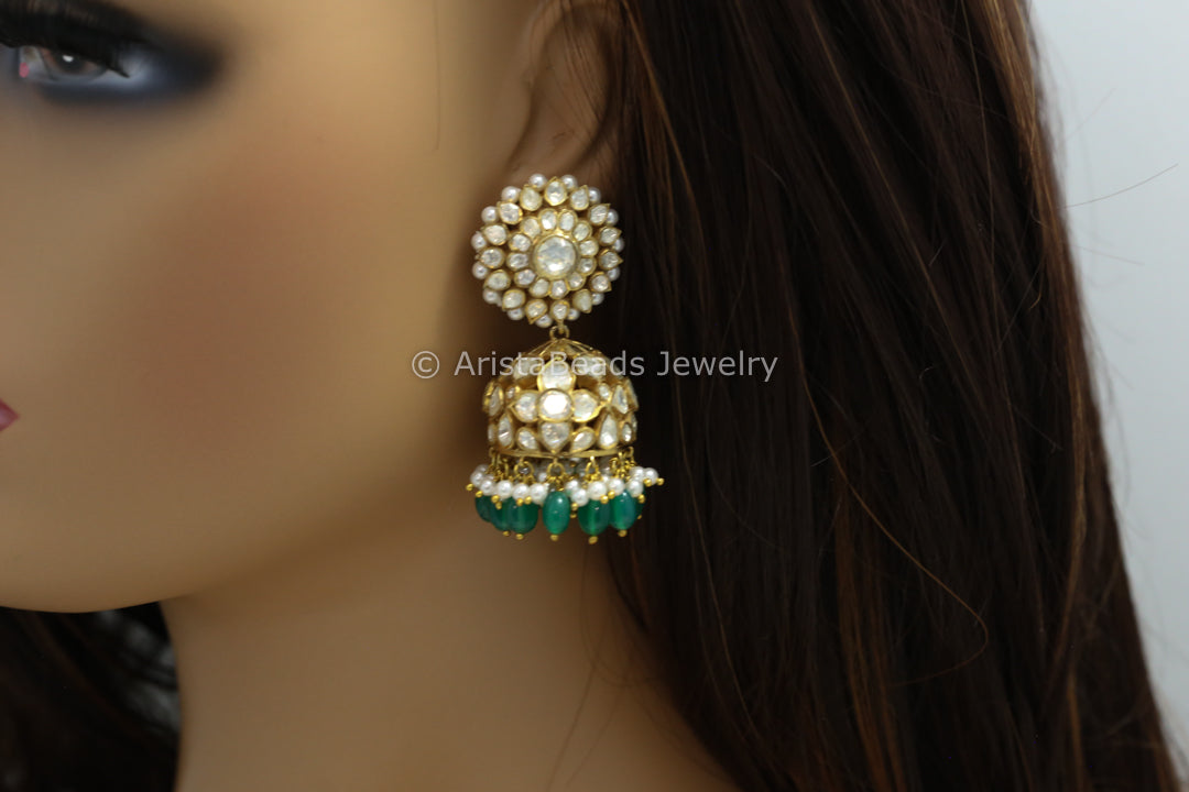 925 Sterling Silver Jhumka With Real Moissanite Polki