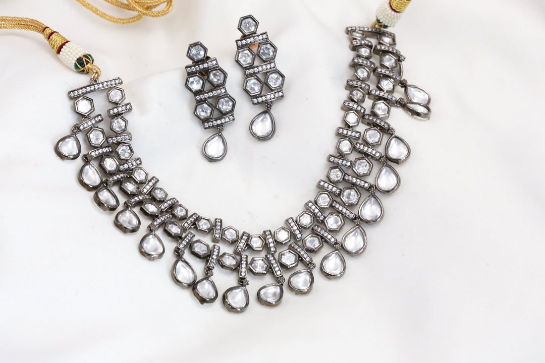 Victorian Black Polish Kundan Polki Necklace Set