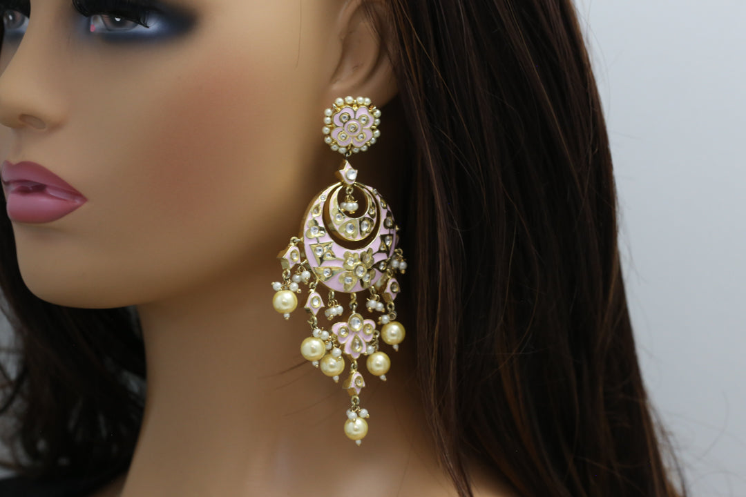 Jadau Polki Enamel Chandbaali -Pink