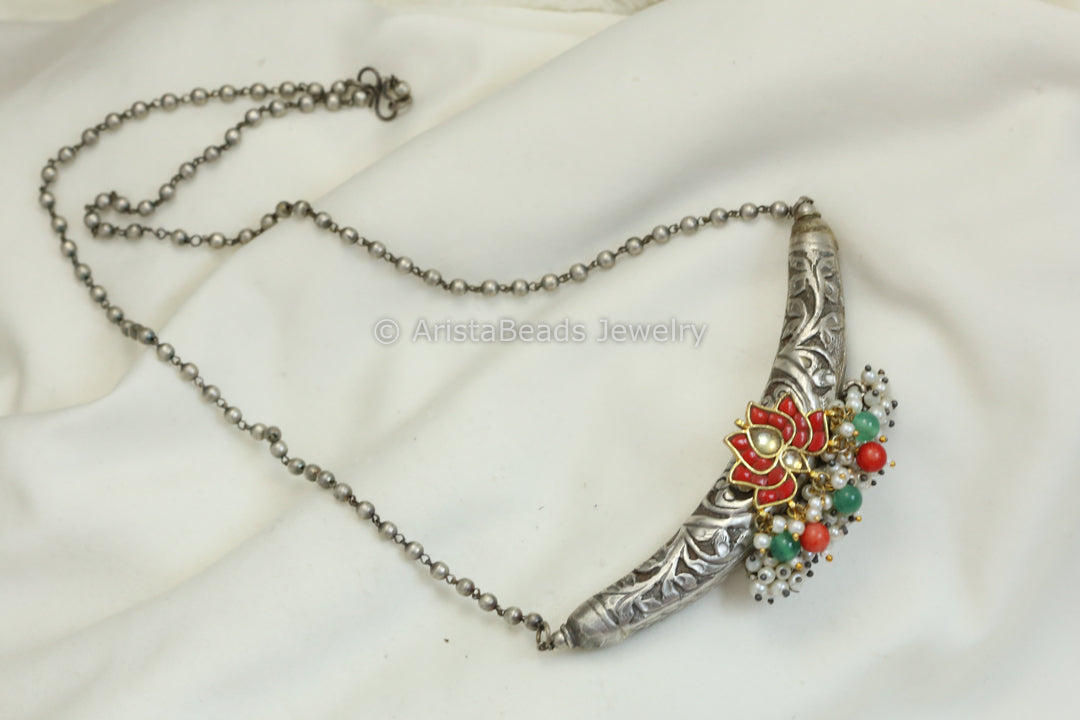 Coral Jadau Tabeez Oxidized Necklace