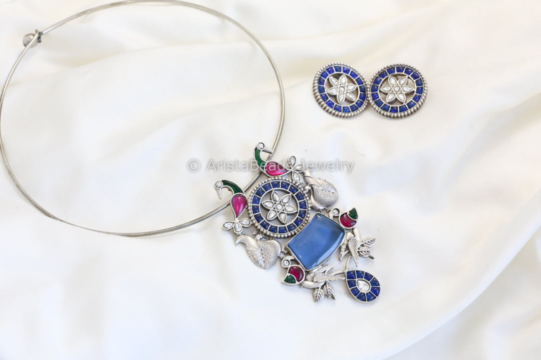 Silver Finish Jadau Look Hasli Set - Blue