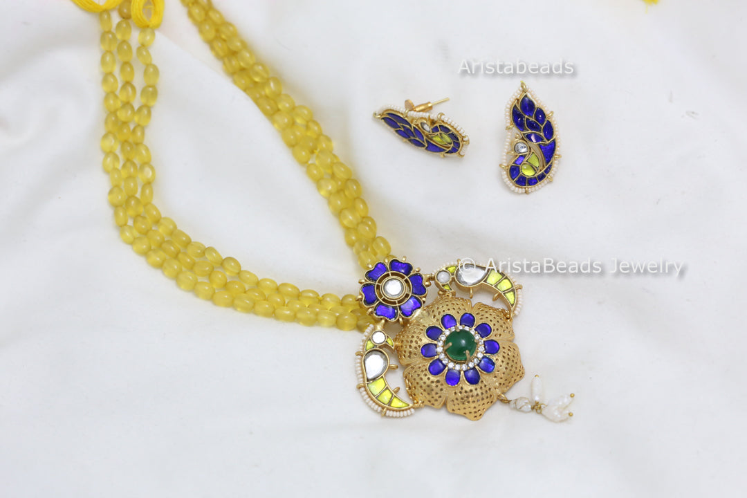 Yellow Blue Jadau Necklace Set