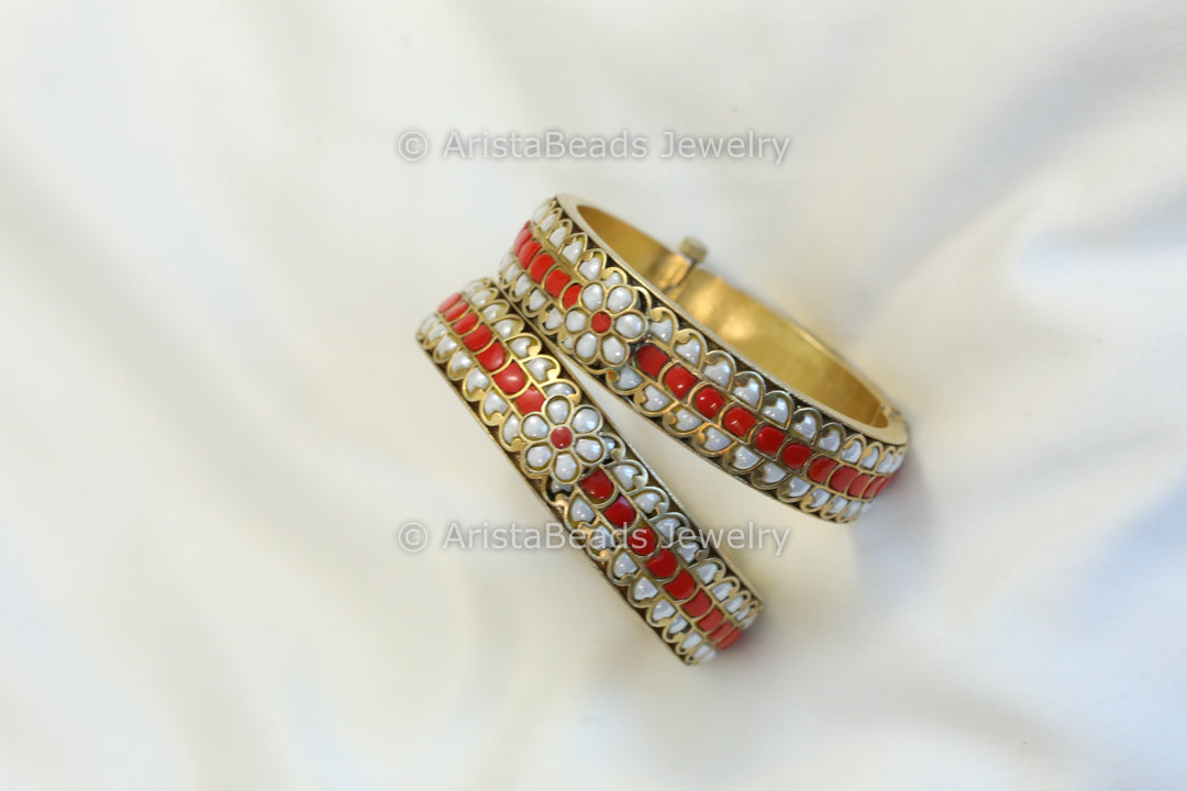 Antique Jadau Kundan Bangle Set (2.4 openable)- Pearl Coral
