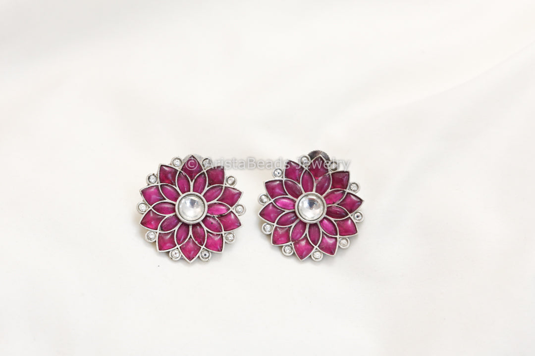 Jadau Kundan Silver Finish Studs - Ruby