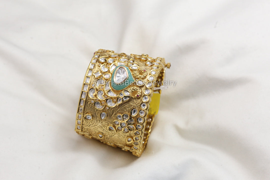 Premium Uncut Polki Kundan Wide Bangle (Aqua Pota)
