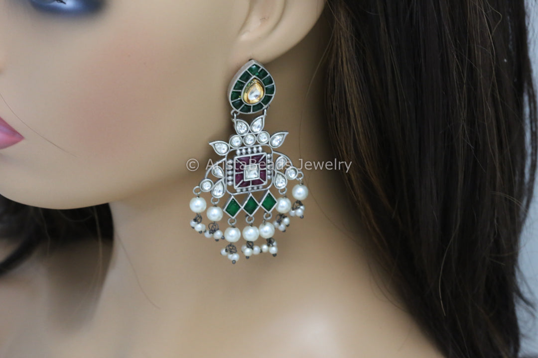 Real Silver Look Alike Kundan Earrings - Green