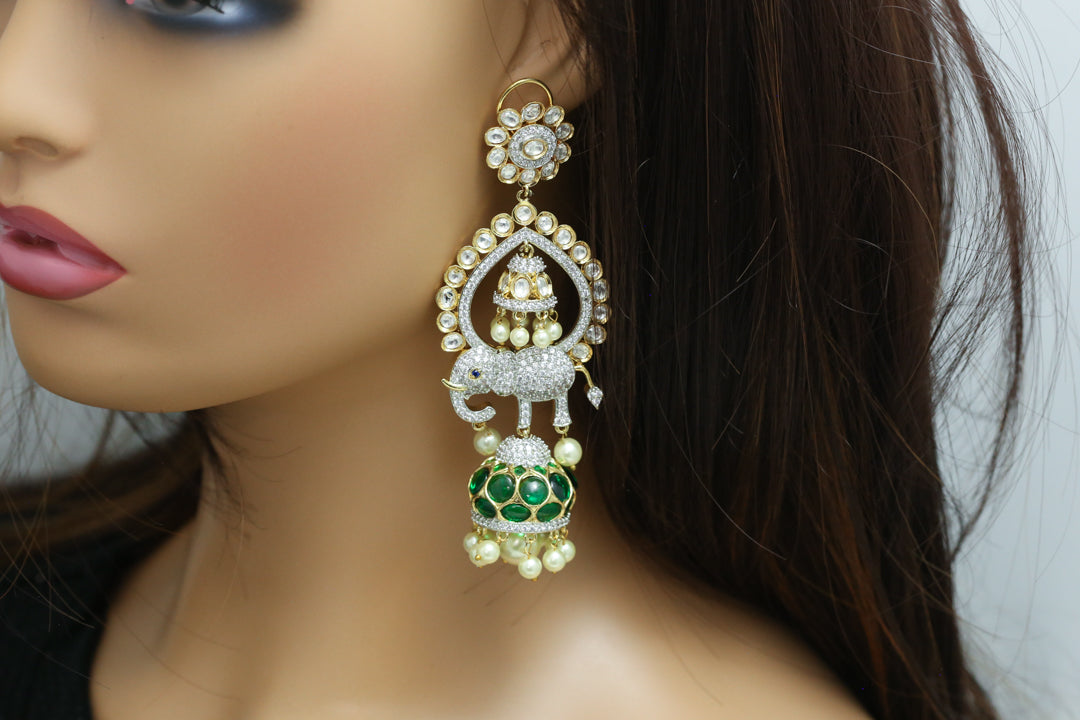 Kundan Polki Chandbaali Jhumka - Green