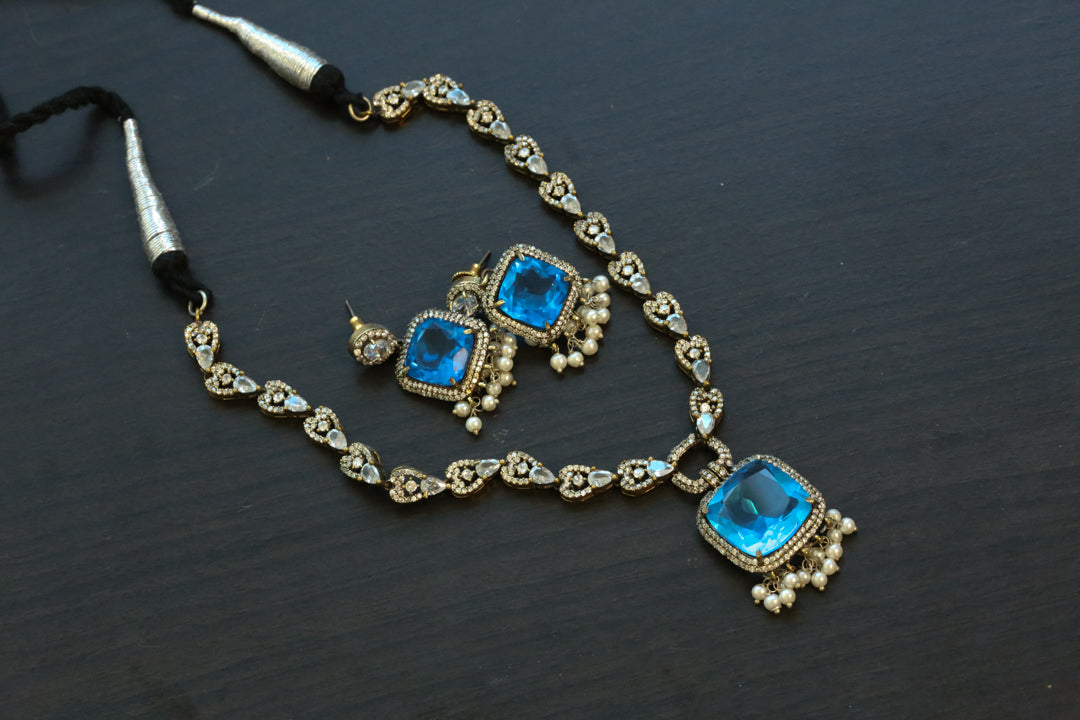 Victorian CZ And Hydo Stone Necklace Set - Deep Blue