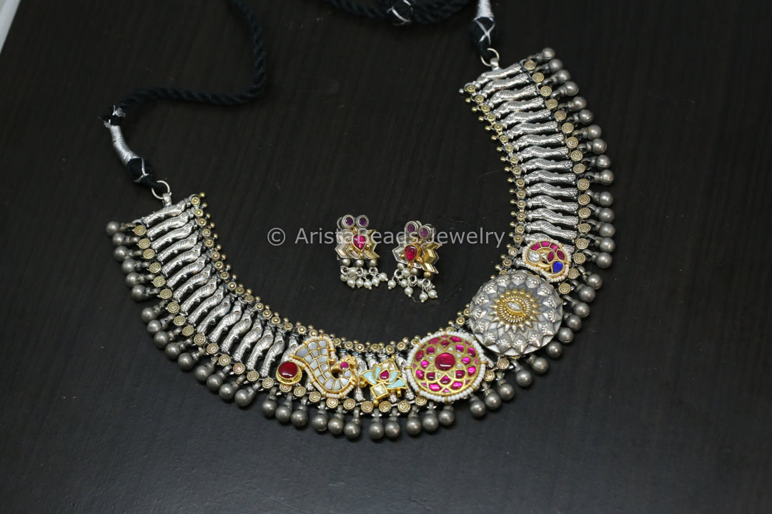 Silver Look Jadau Fusion Necklace Set - Stye 4