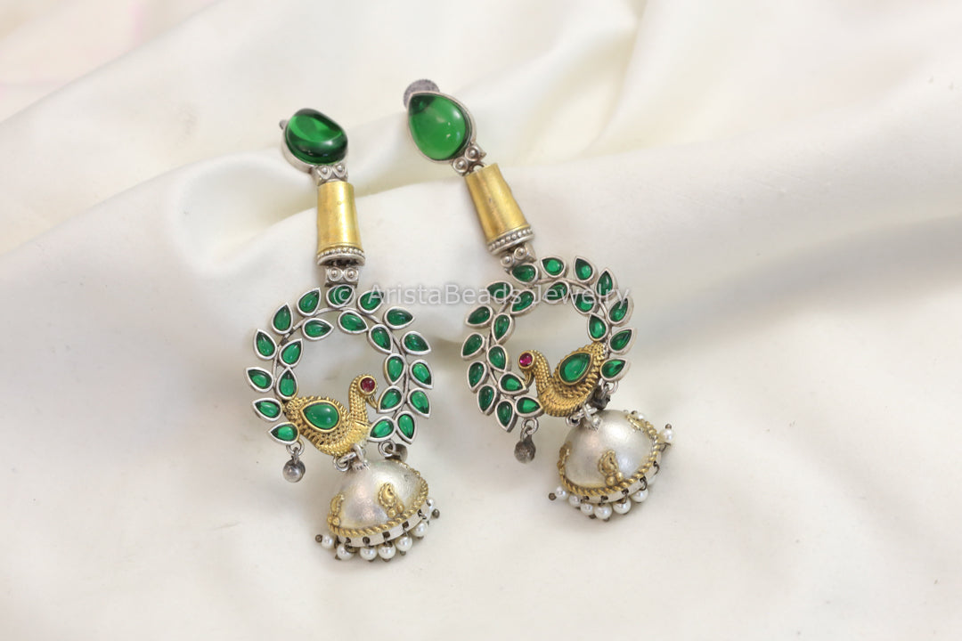 Long Dual Tone Kemp Stone Jhumka - Green