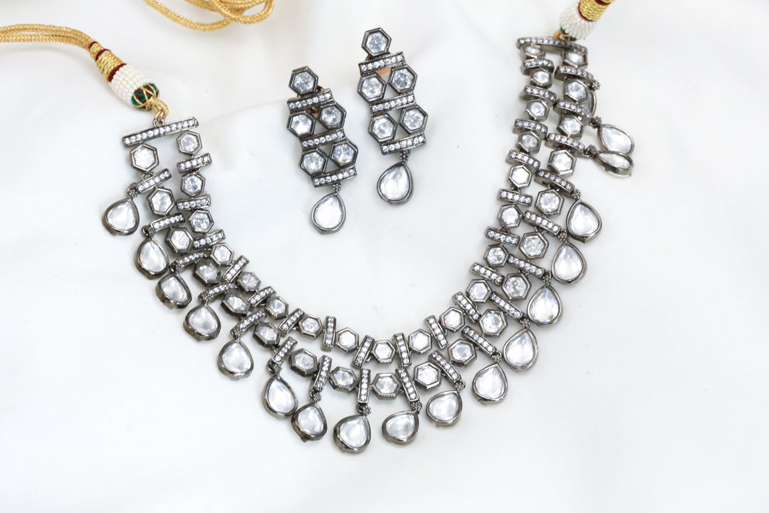 Victorian Black Polish Kundan Polki Necklace Set