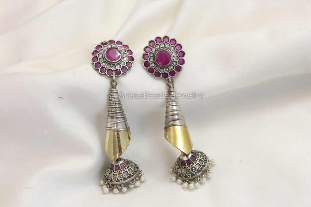Long Dual Tone Jhumka - Ruby