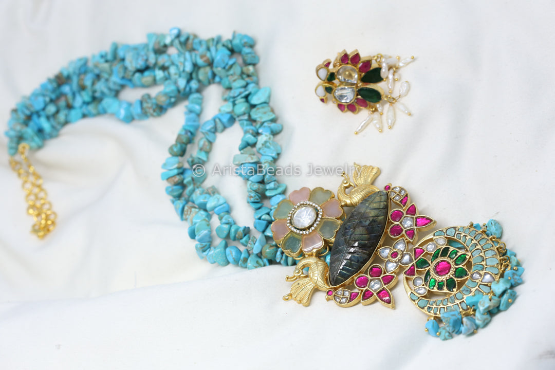 Jadau Fusion Pendant Necklace - Labradorite & Turquoise