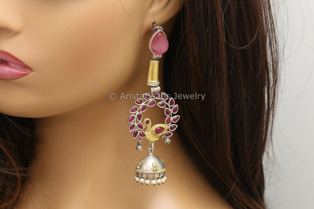Long Dual Tone Kemp Stone Jhumka - Ruby