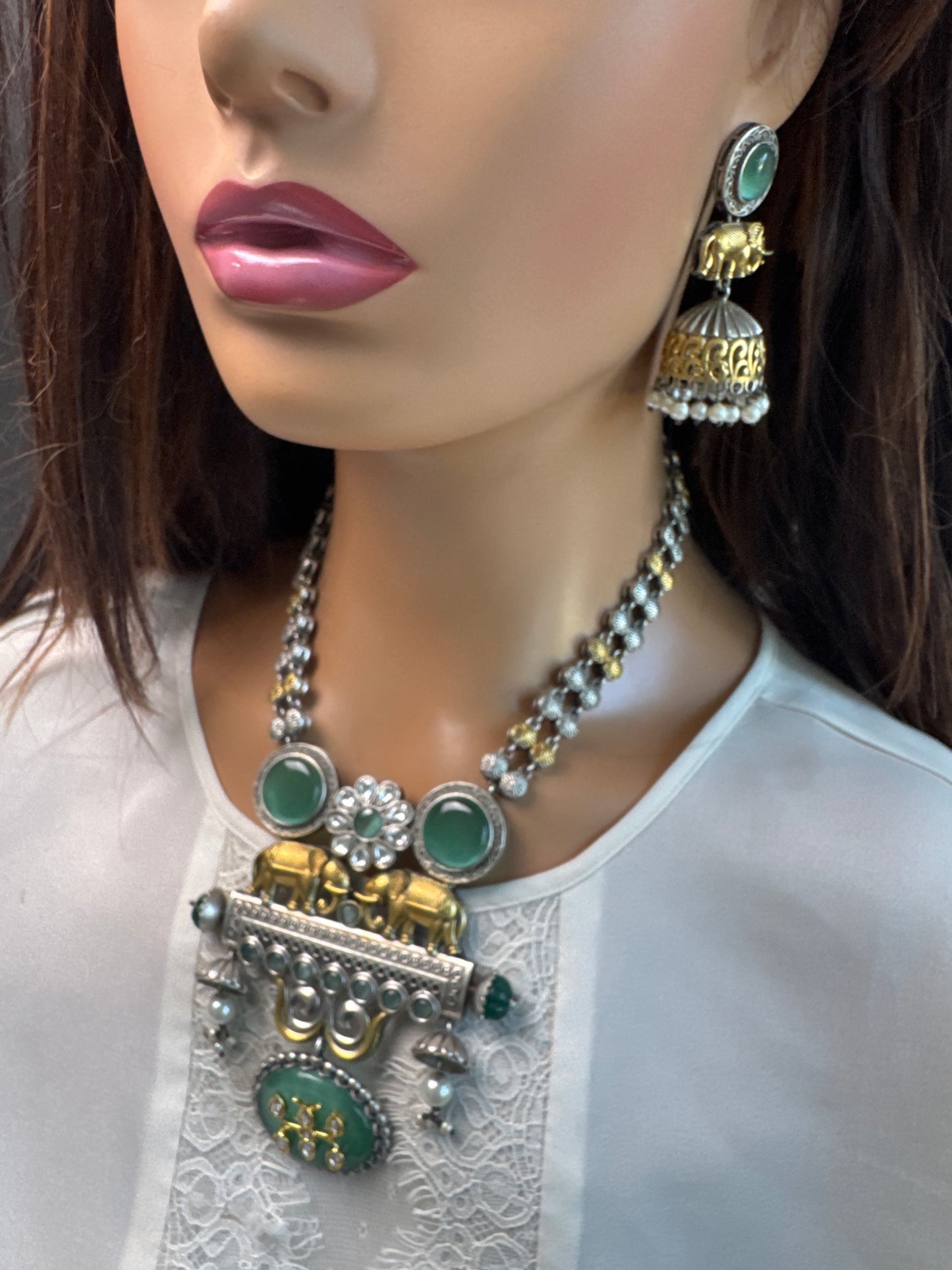 Seerat Silver Look Dual Tone Necklace Set - Mint