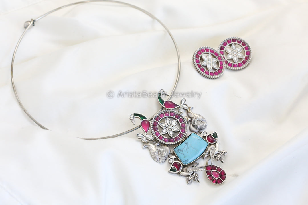 Silver Finish Jadau Look Hasli Set - Turquoise